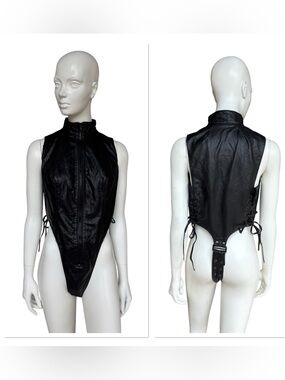 Northbound Leather Black Leather Zip Front Lace Up Bodysuit